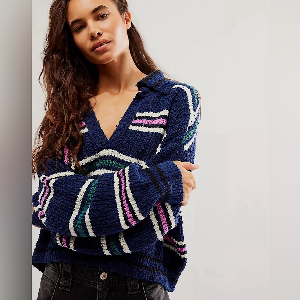 Free People Navy V-Neck Striped Sweater with Pink, Green & White Accents